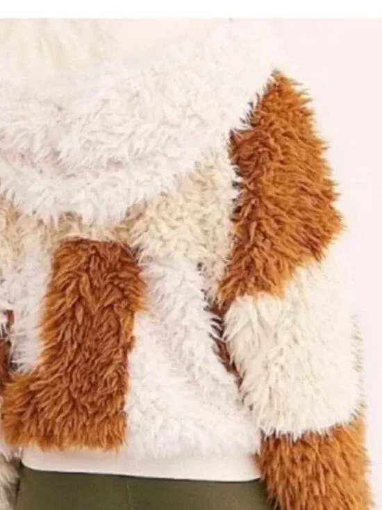 Free People Women's Be Mine Teddy Hooded Pullover Ivory Brown Checker Size Small - Picture 2 of 7